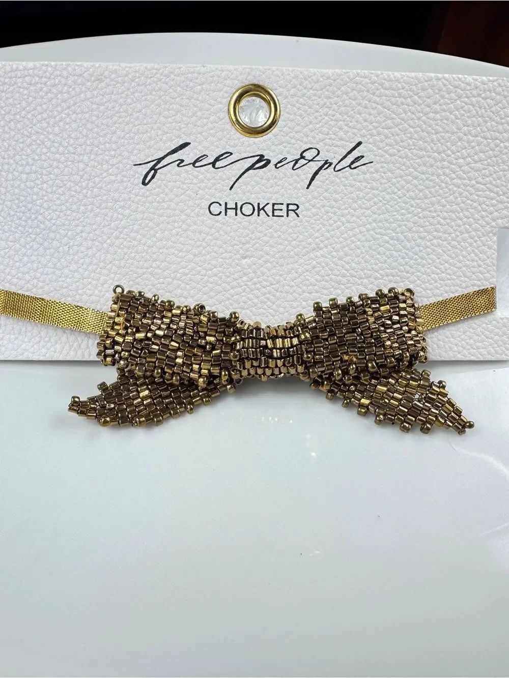 Free People Metallic Gold Beaded Bow Choker